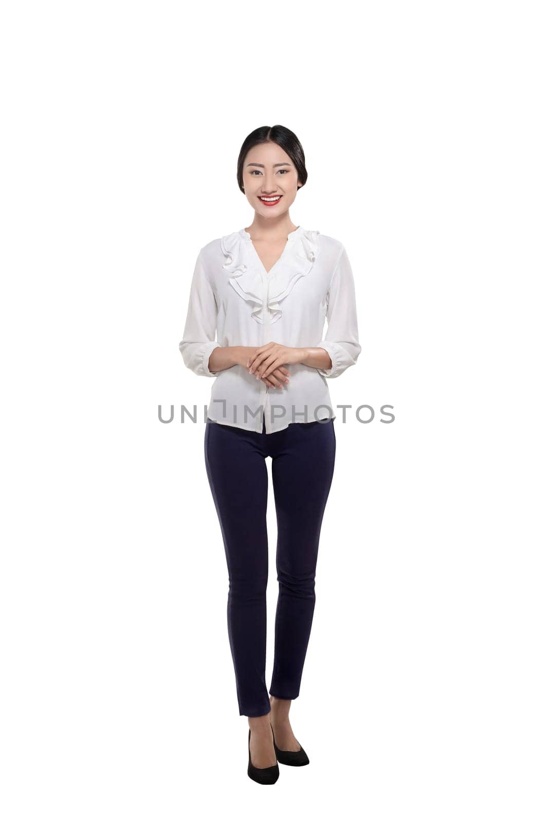 Smiling asian business woman with confident expression isolated over white background