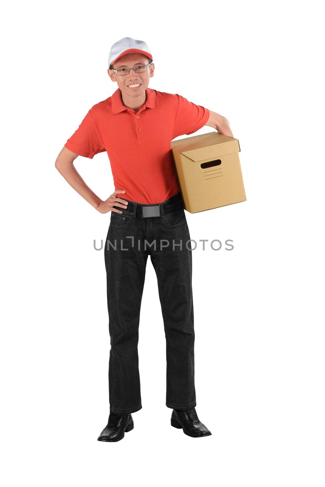Smiling delivery asian man holding a package isolated over white background