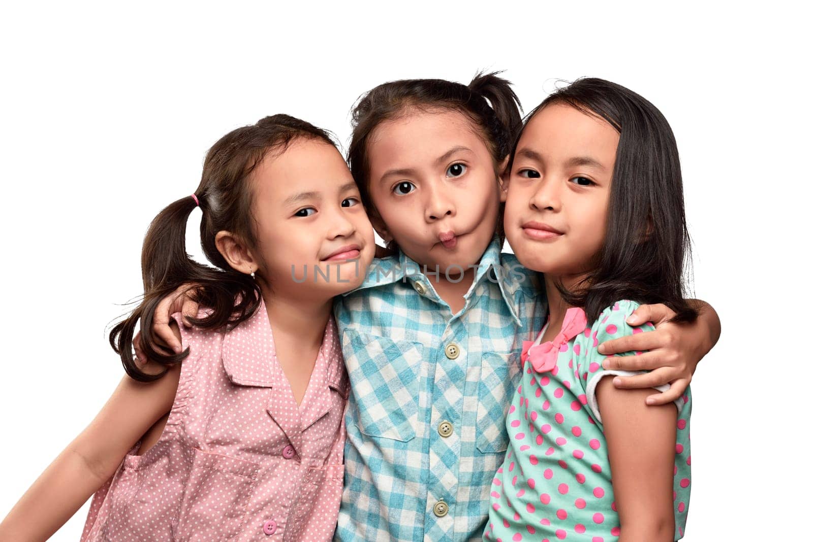 Funny expression asian small kids with her friend isolated over white background