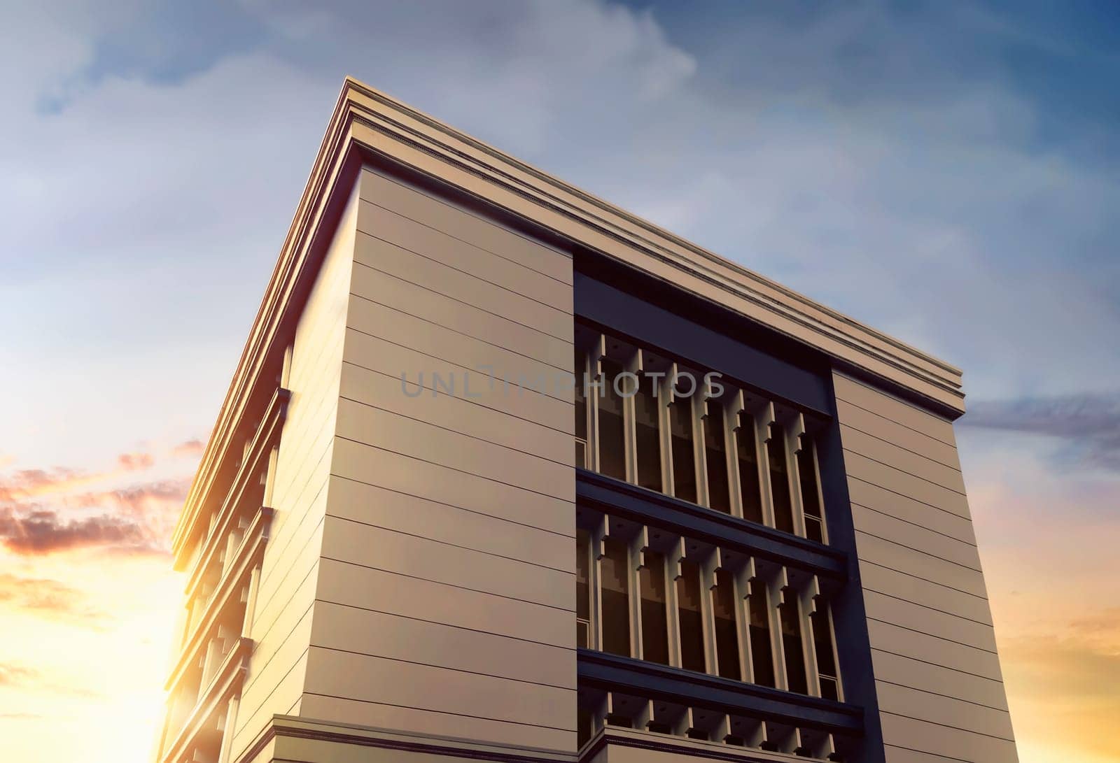 View of modern glass building skyscraper with sunny sky