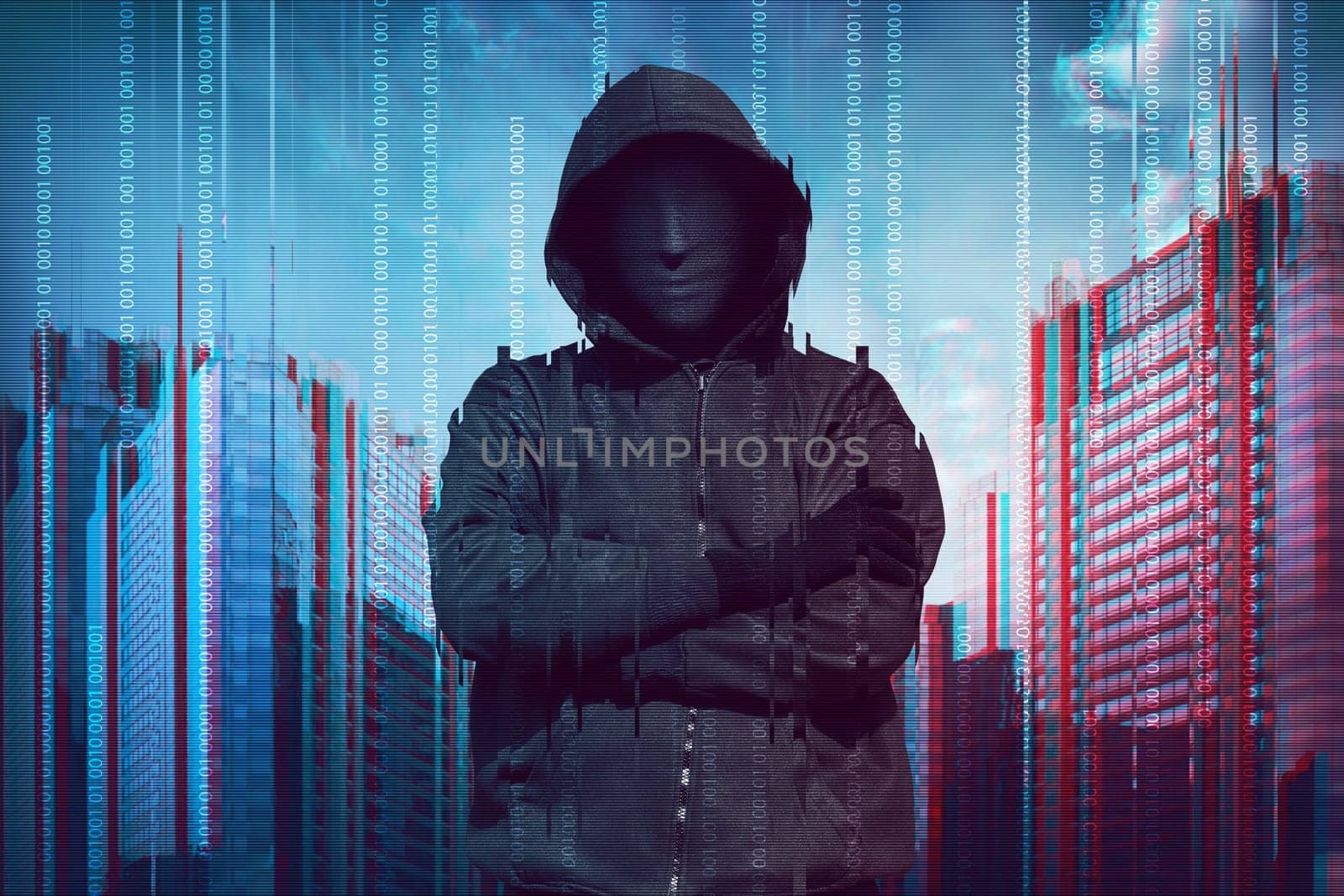 Hooded man wearing guy fawkes mask with binary data system security