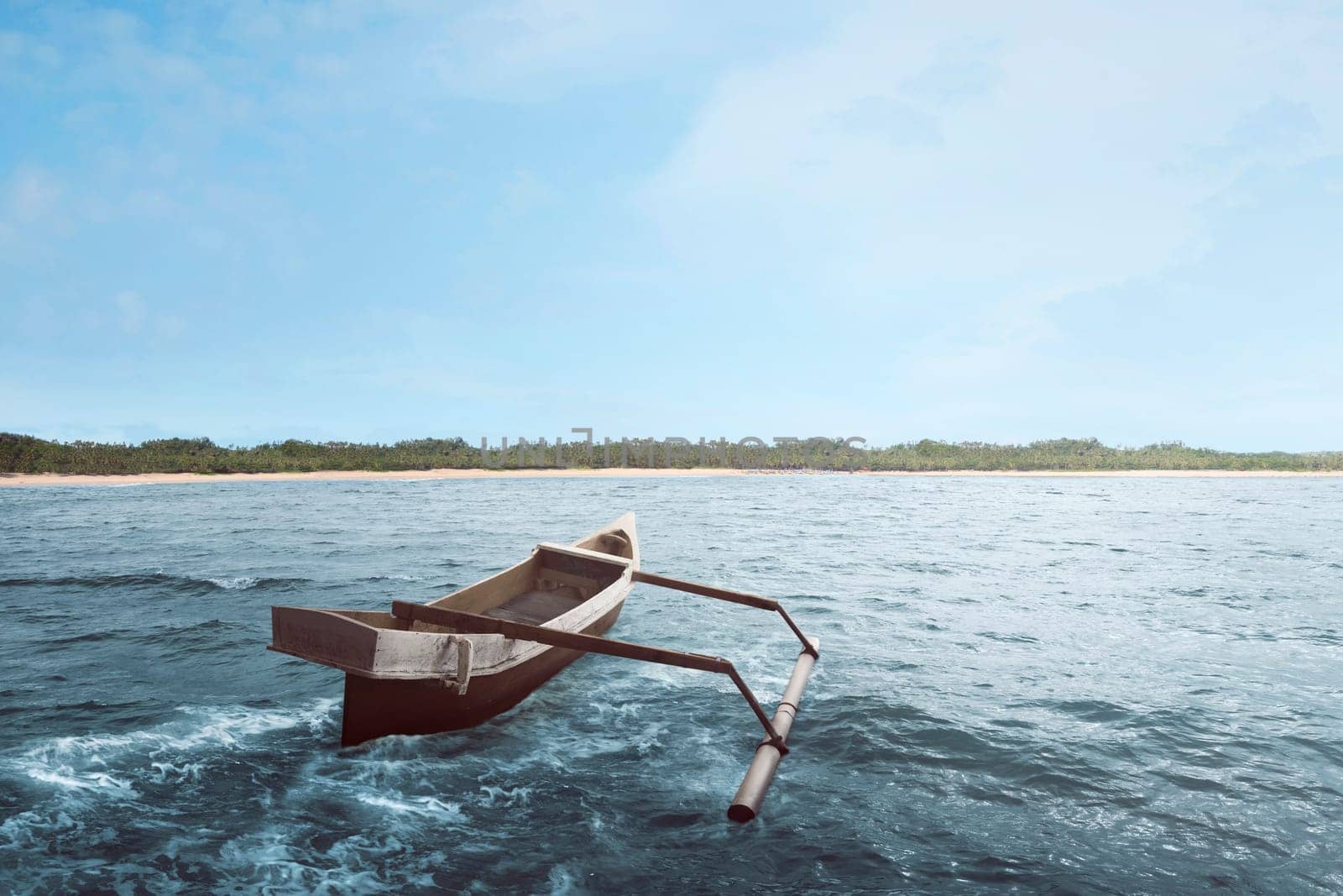 Wooden boat float with wave water on the sea