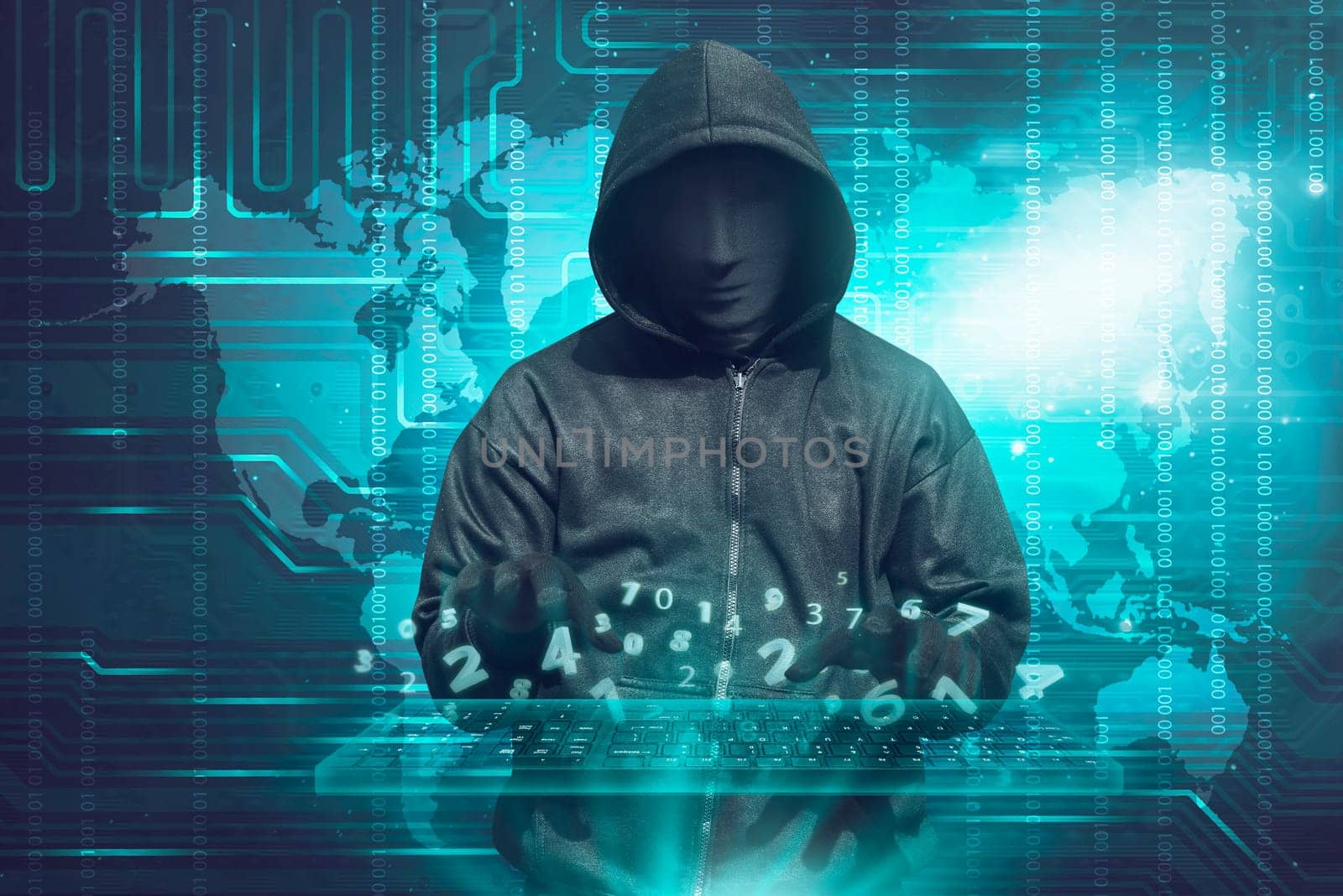 Hacker in mask typing keyboard hacking binary data system security