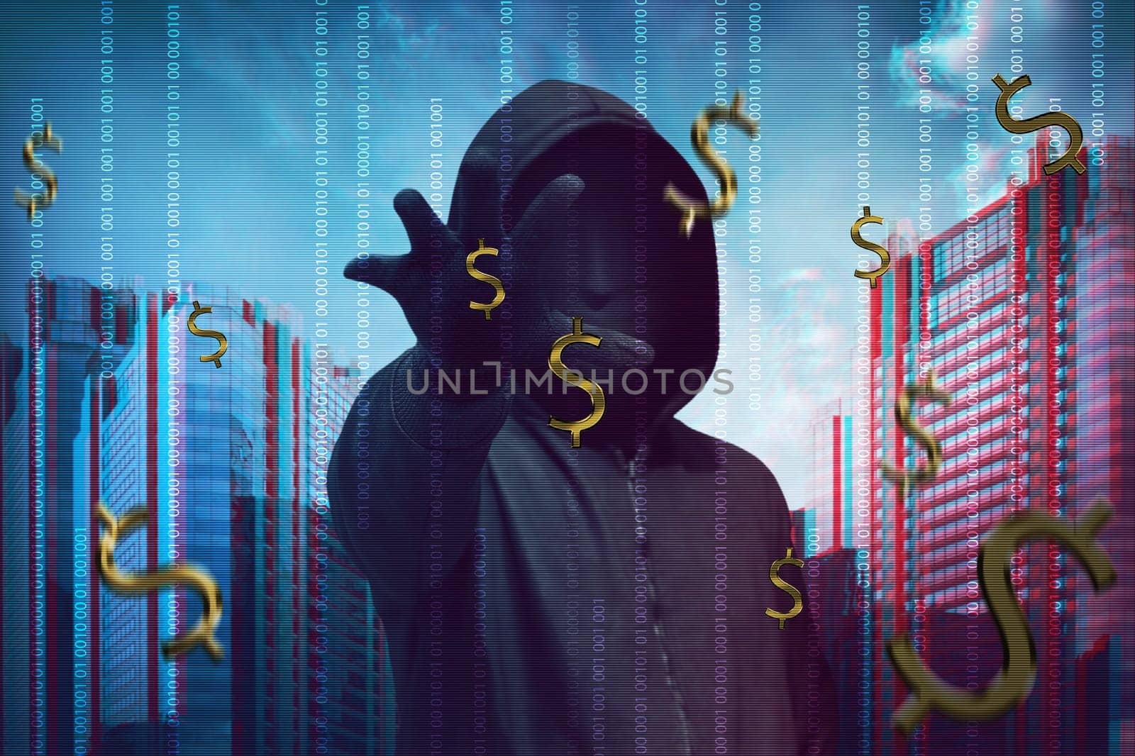 Hacker man wearing anonymous mask stealing money with binary code in background