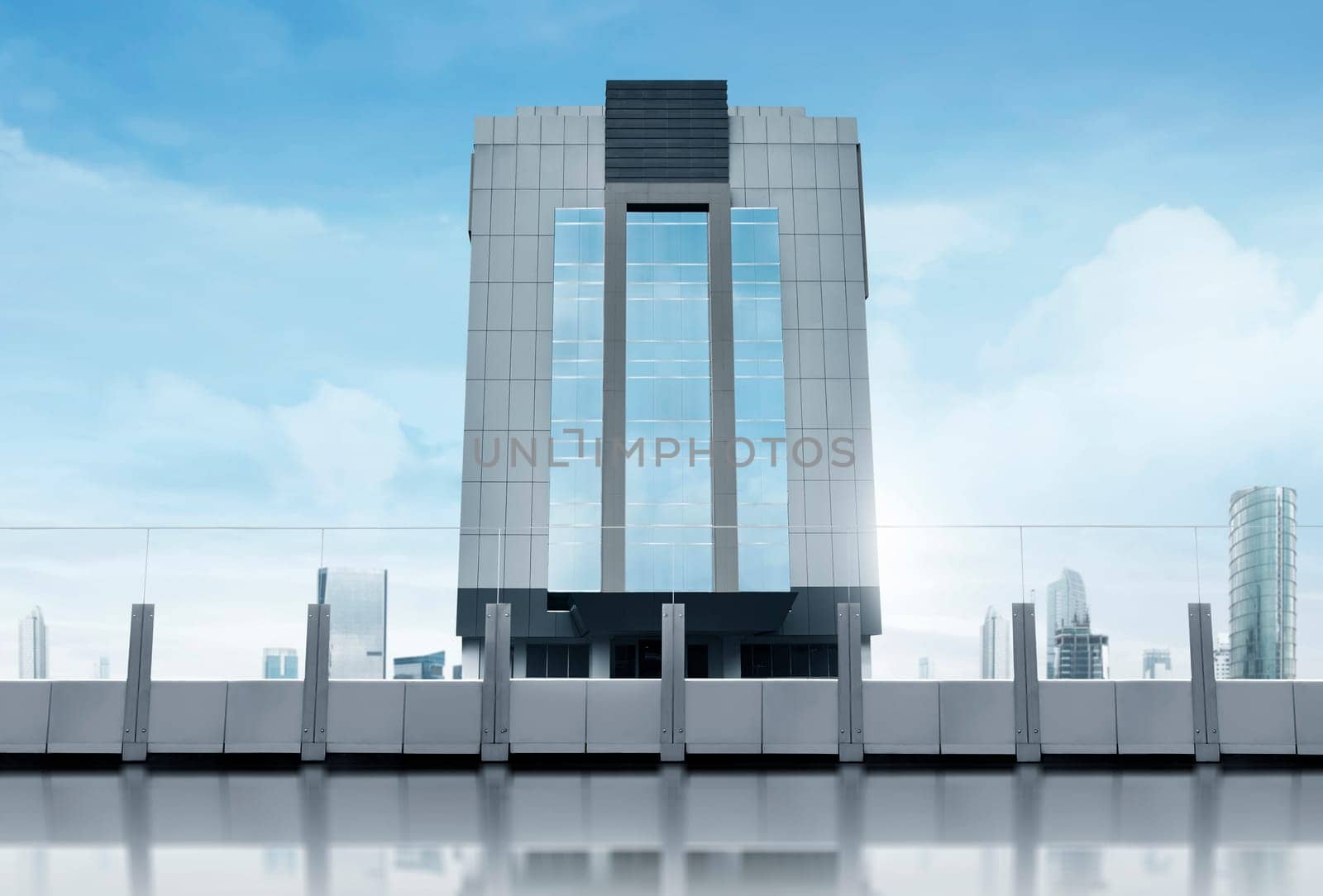 Empty terrace floor with modern building skyscrapers in the daylight