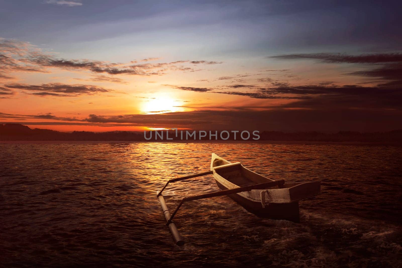 Wooden boat float with wave water at sunset