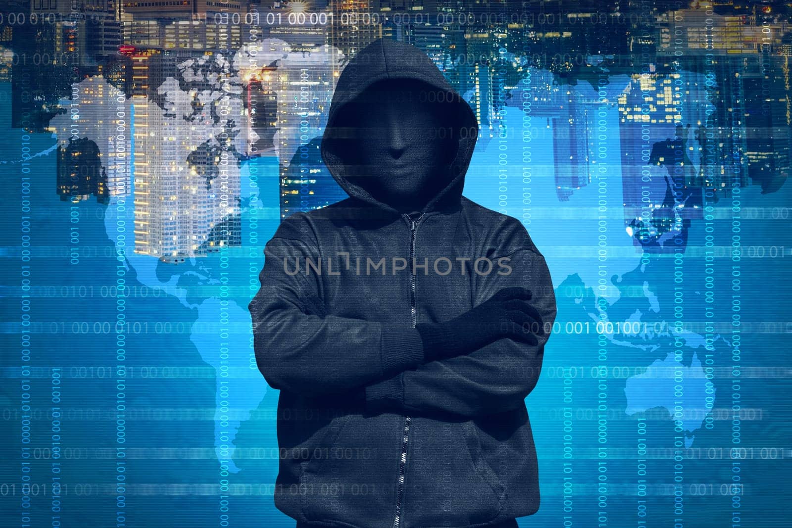 Hooded hacker with mask working out against binary code background