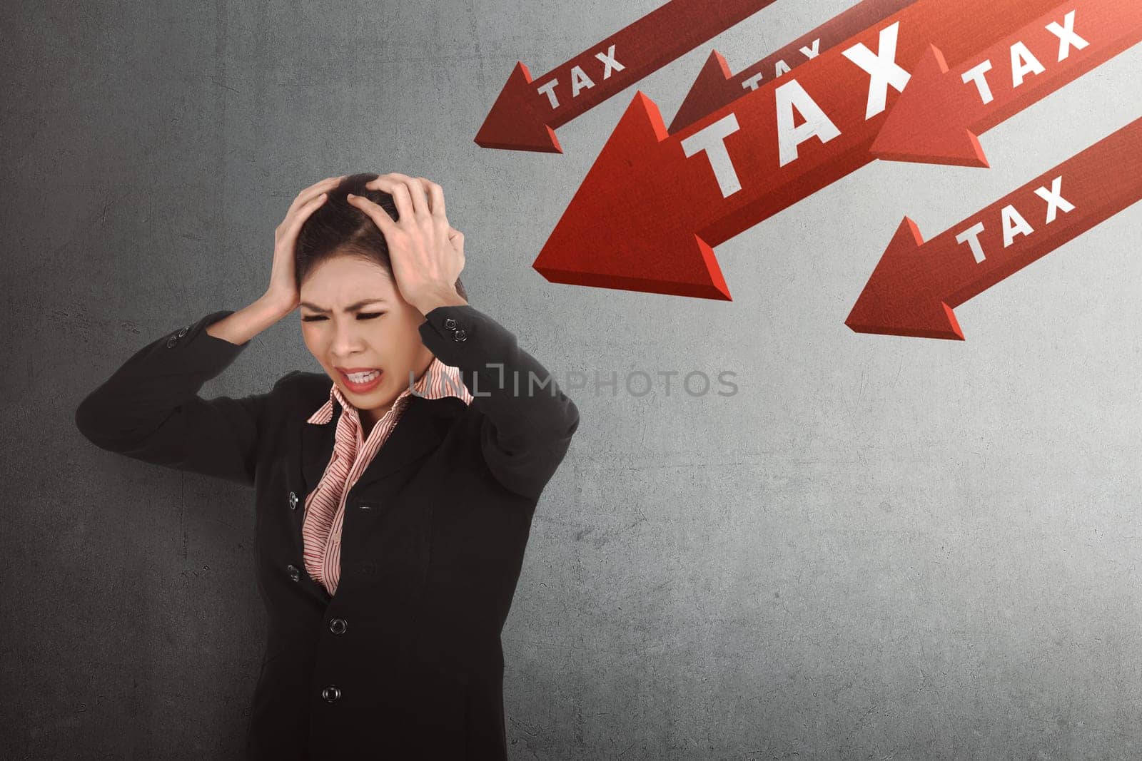 Beautiful asian business woman confused because should paying tax with black wall background