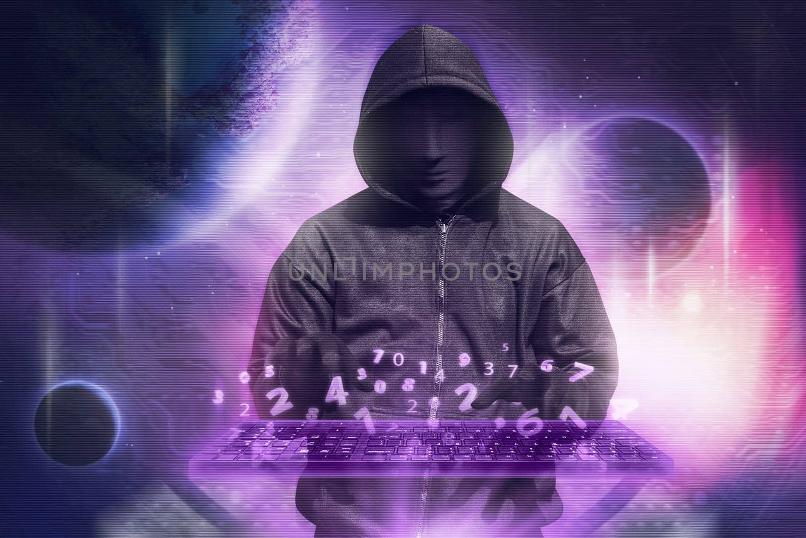 Hacker in mask typing keyboard hacking binary data system security