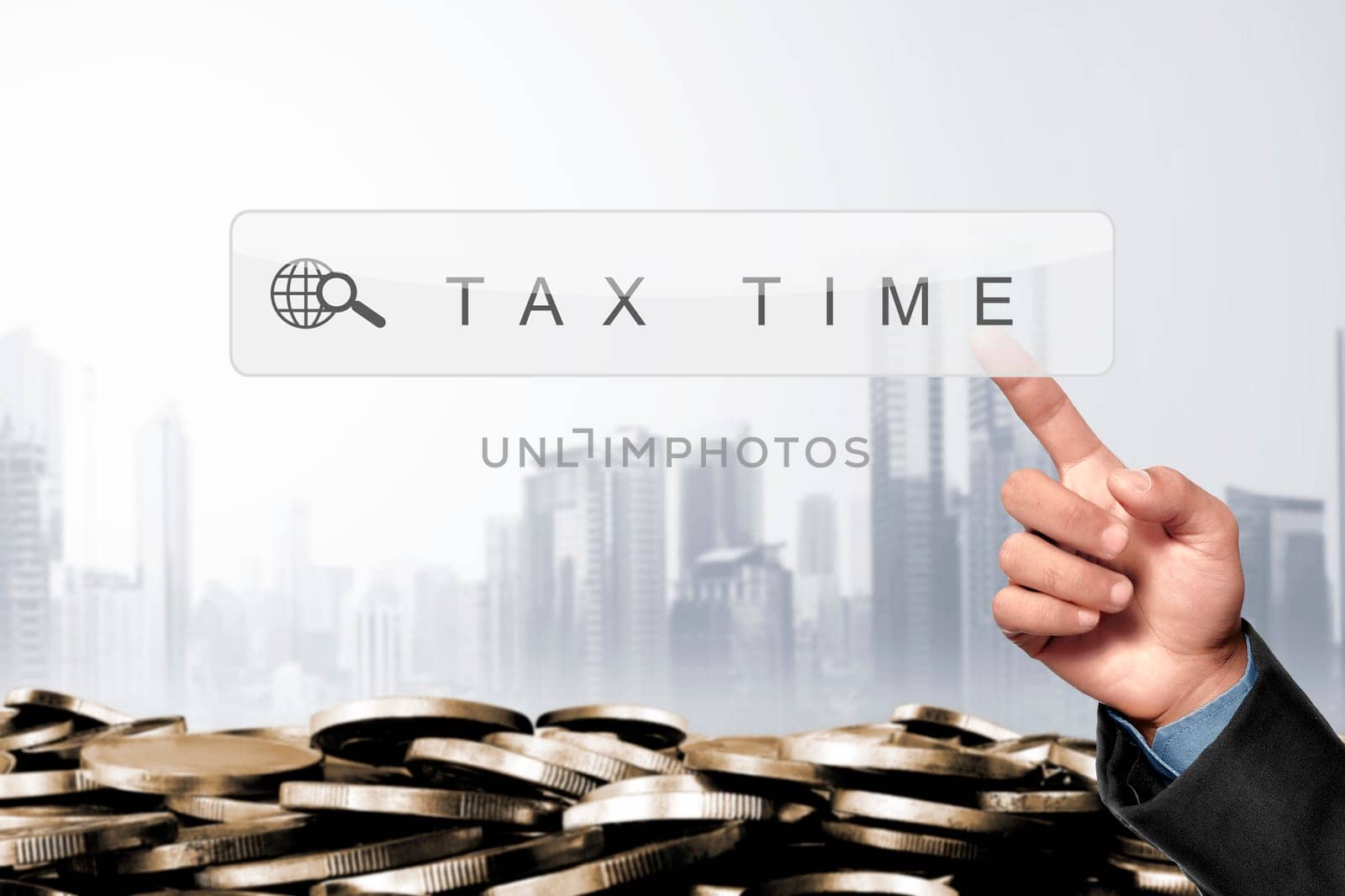 Business hand touching search engine bar with taxes keyword on virtual screen