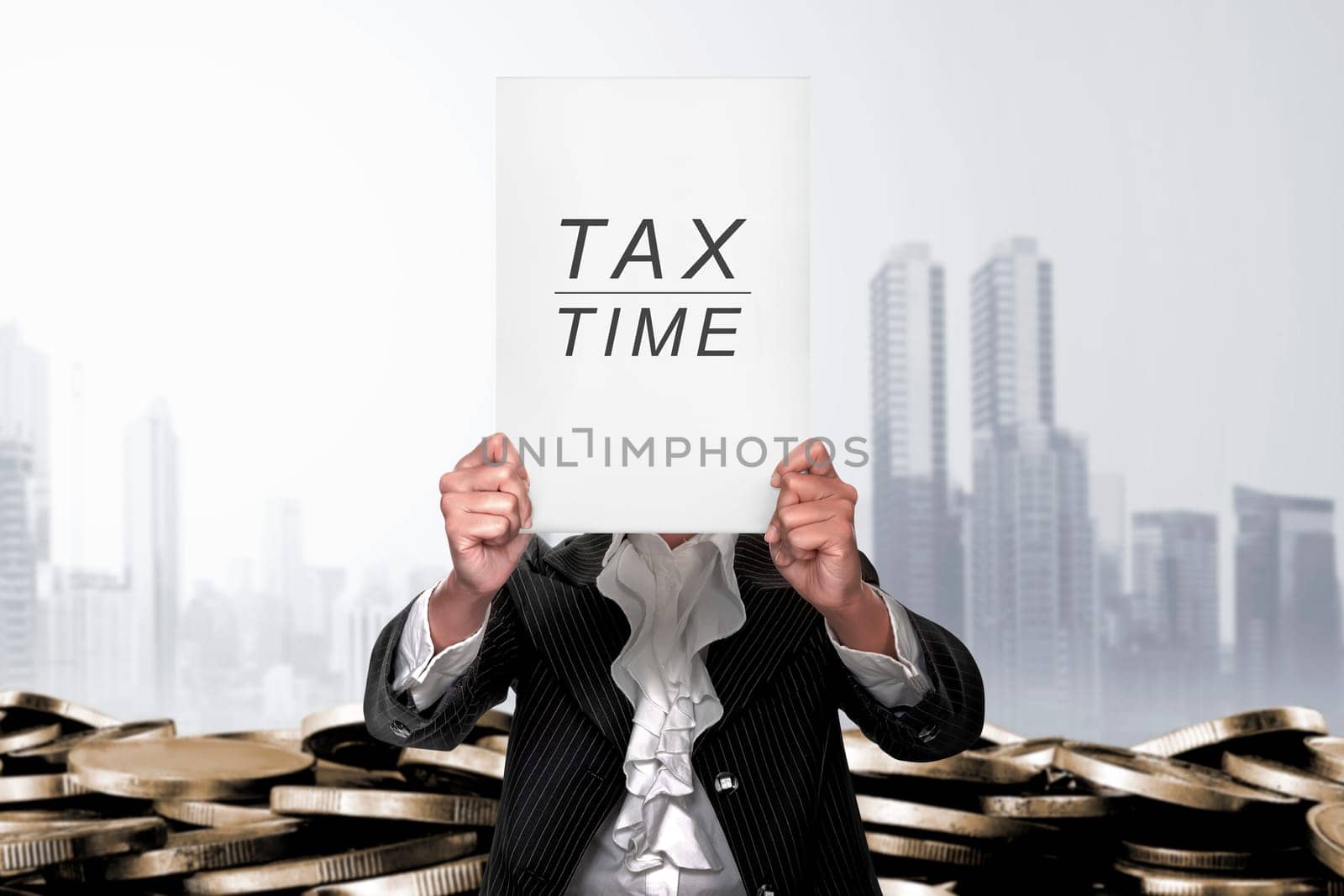 Businesswoman covering her head by Tax Time announcement on board