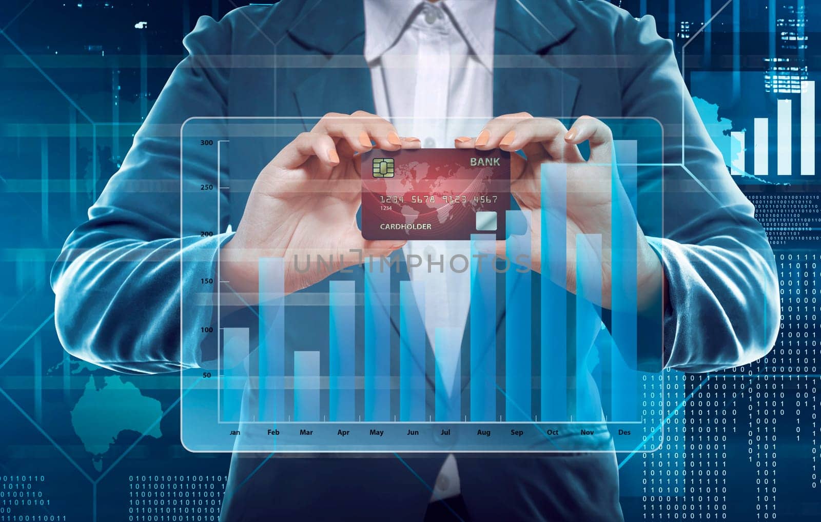 Businesswoman holding new credit card with transparent financial chart against digital background