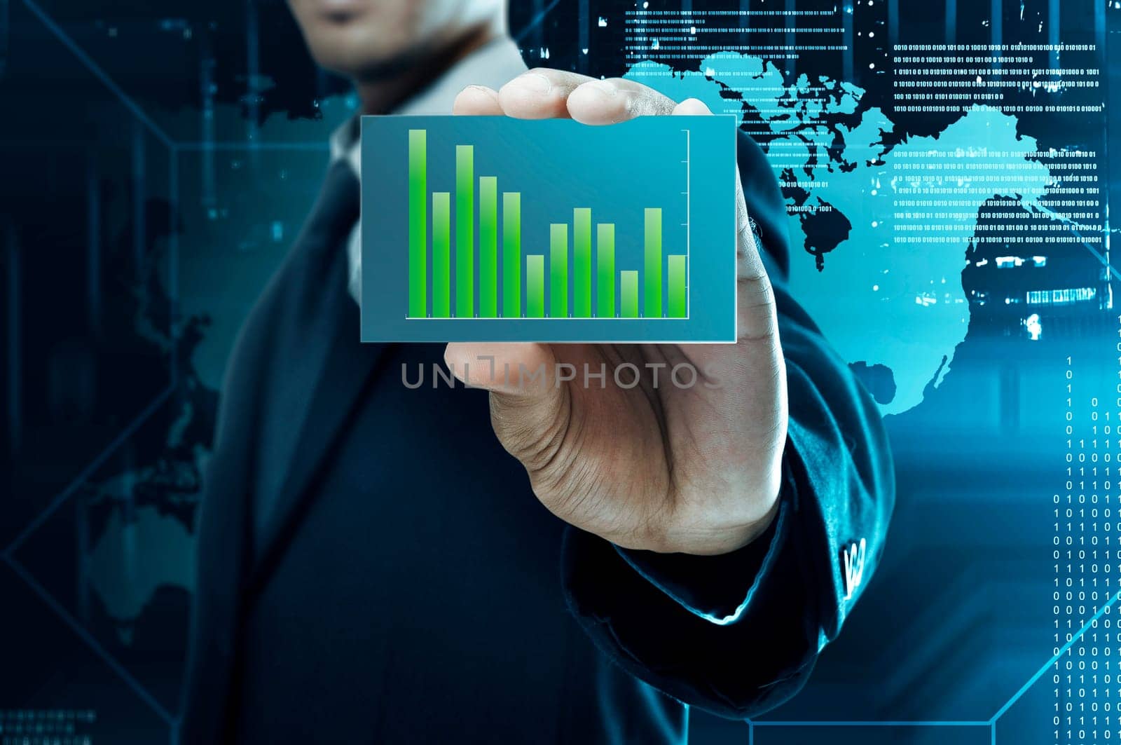 Businessman holding a business card with financial chart on card over visual background