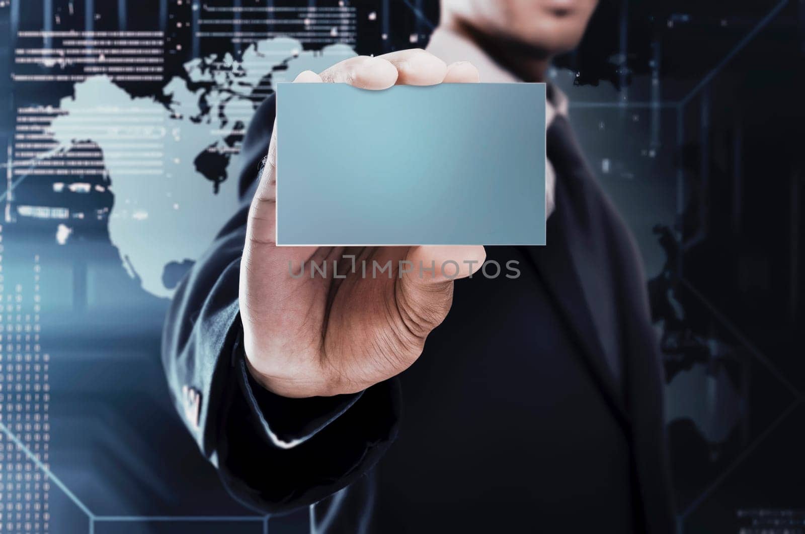 Businessman hands holding empty card over digital background