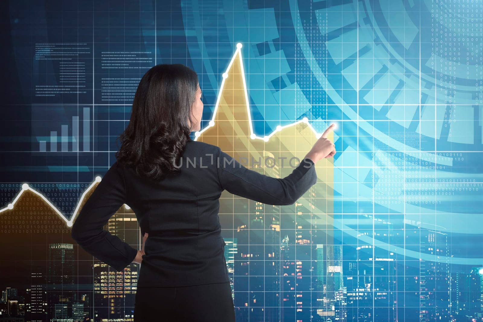 Asian business woman drawing digital graph on virtual screen background