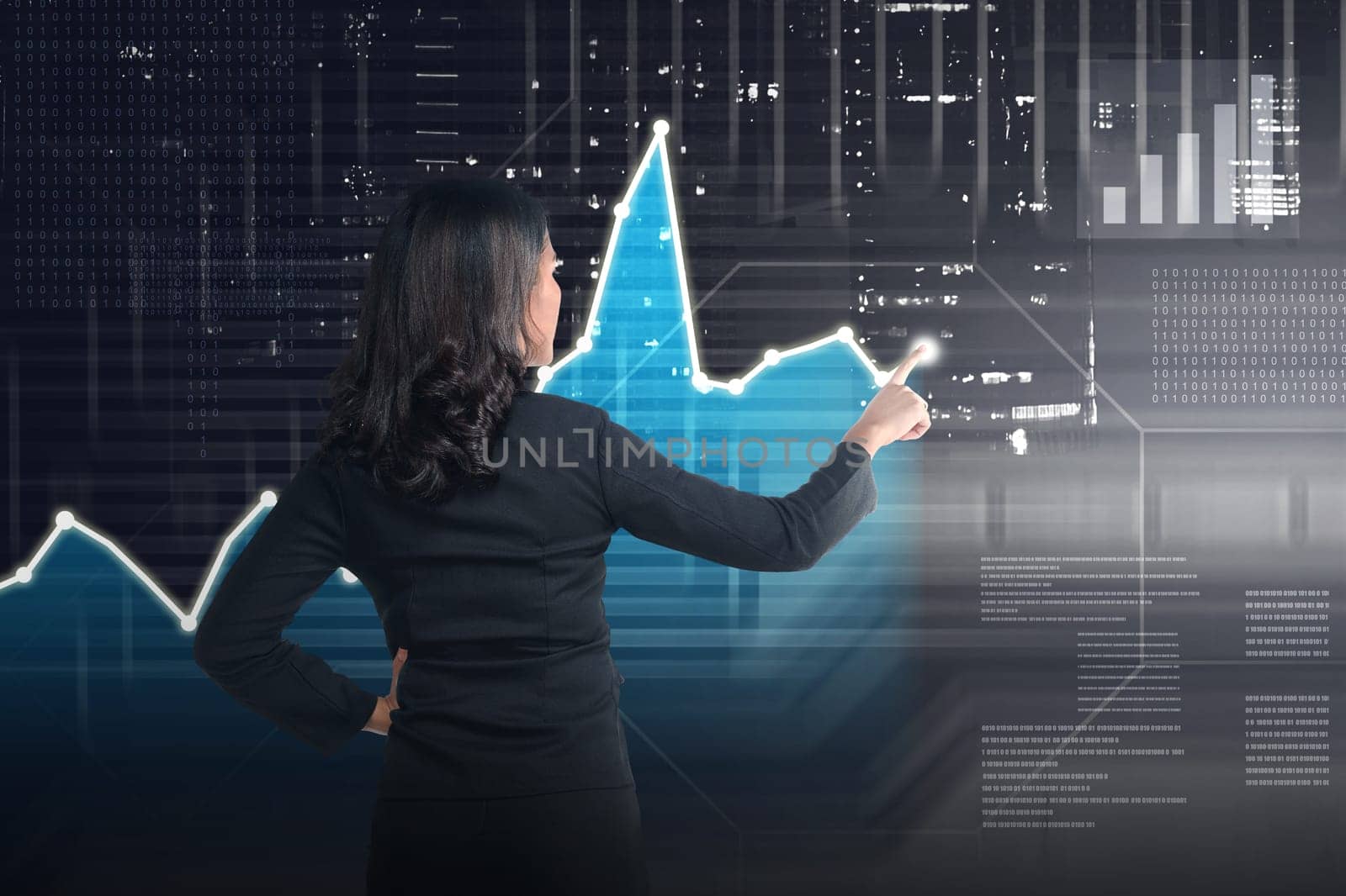 Asian business woman drawing digital graph on virtual screen background