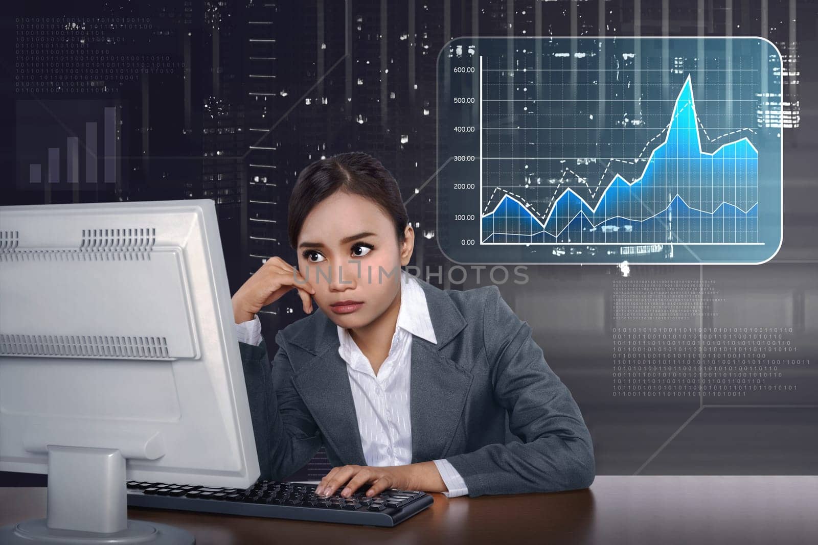 Asian business woman working with computer with virtual market chart on digital background