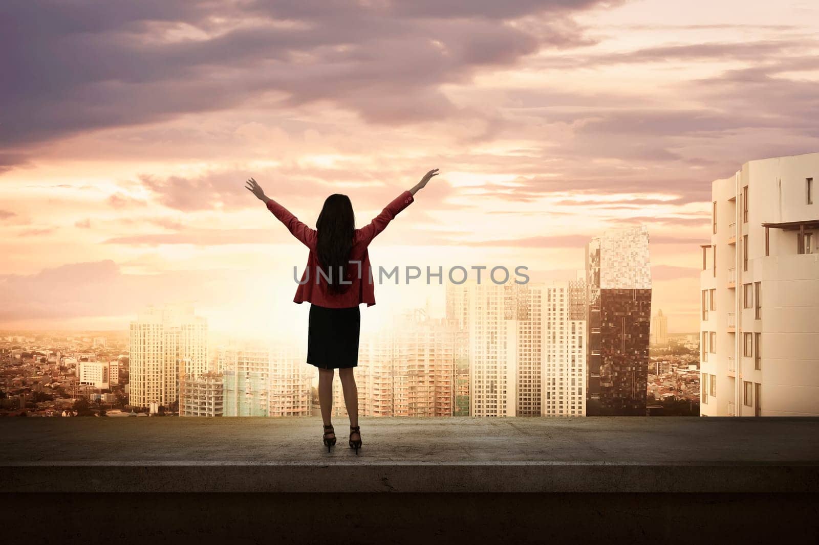 Attractive asian business woman standing on an edge a rooftop looking city view