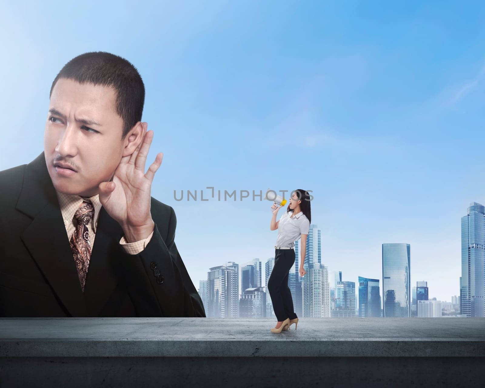 Business woman using megaphone say something to boss with cityscape background