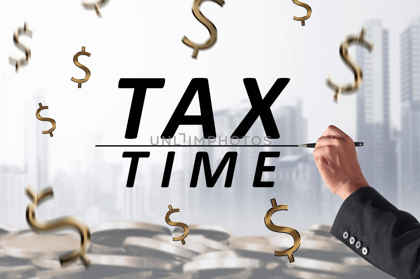 Business person hand with pen writing Tax Time with line on whiteboard