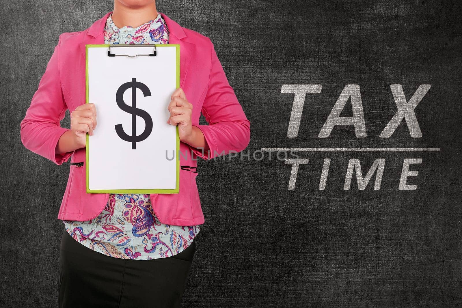 Business people holding clipboard with dollar symbol. Tax time concept.