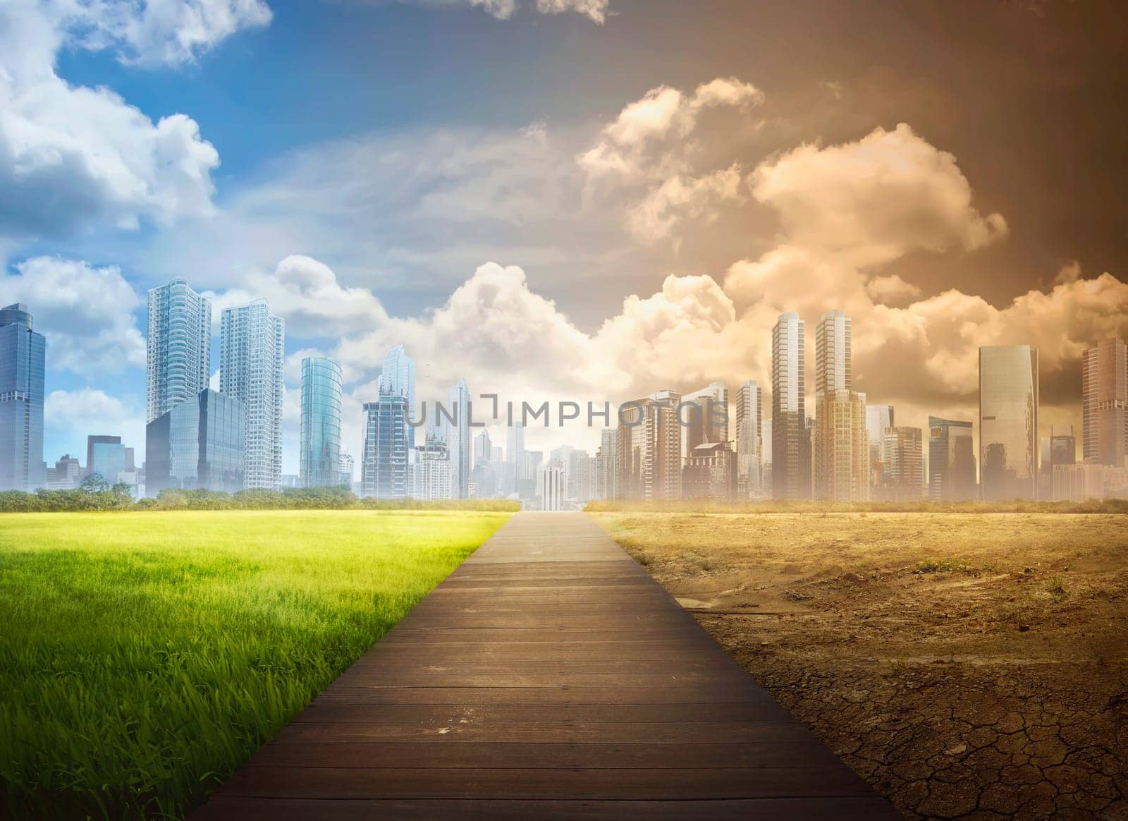 Landscape of timber pathway with the changing environment in the modern city