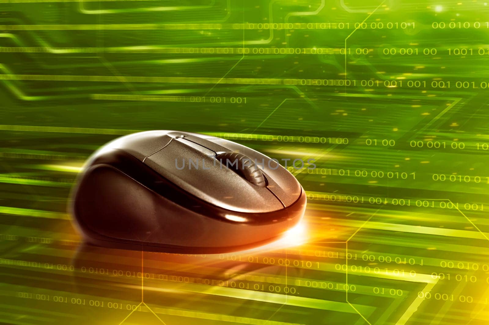Black wireless computer mouse over colorful digital background