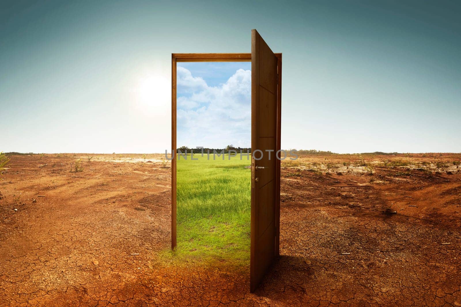 Open wooden door to the new world with green environment. Climate change concept.