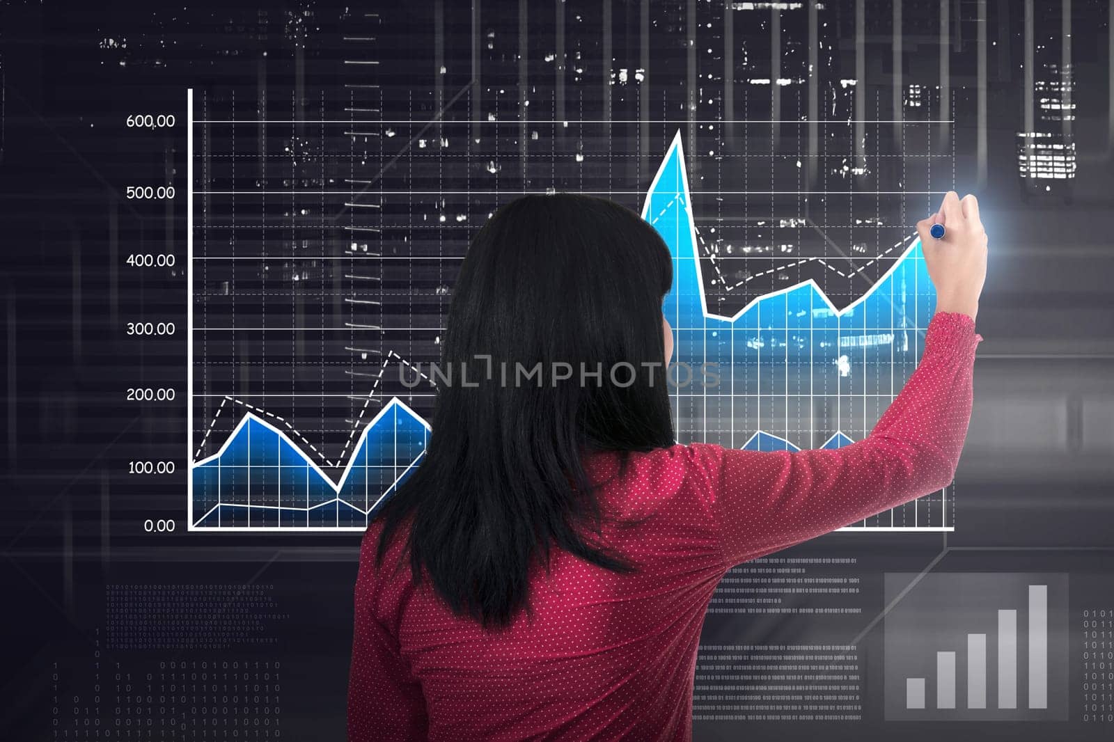 Asian business woman drawing digital chart market on virtual screen background