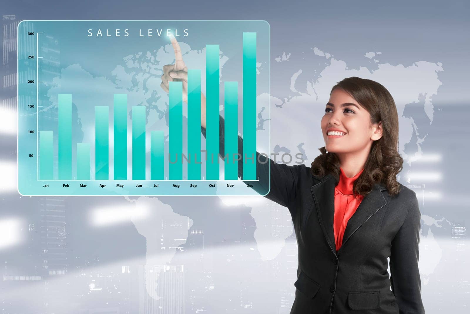 Asian business woman touching marketing sales income levels chart on virtual screen