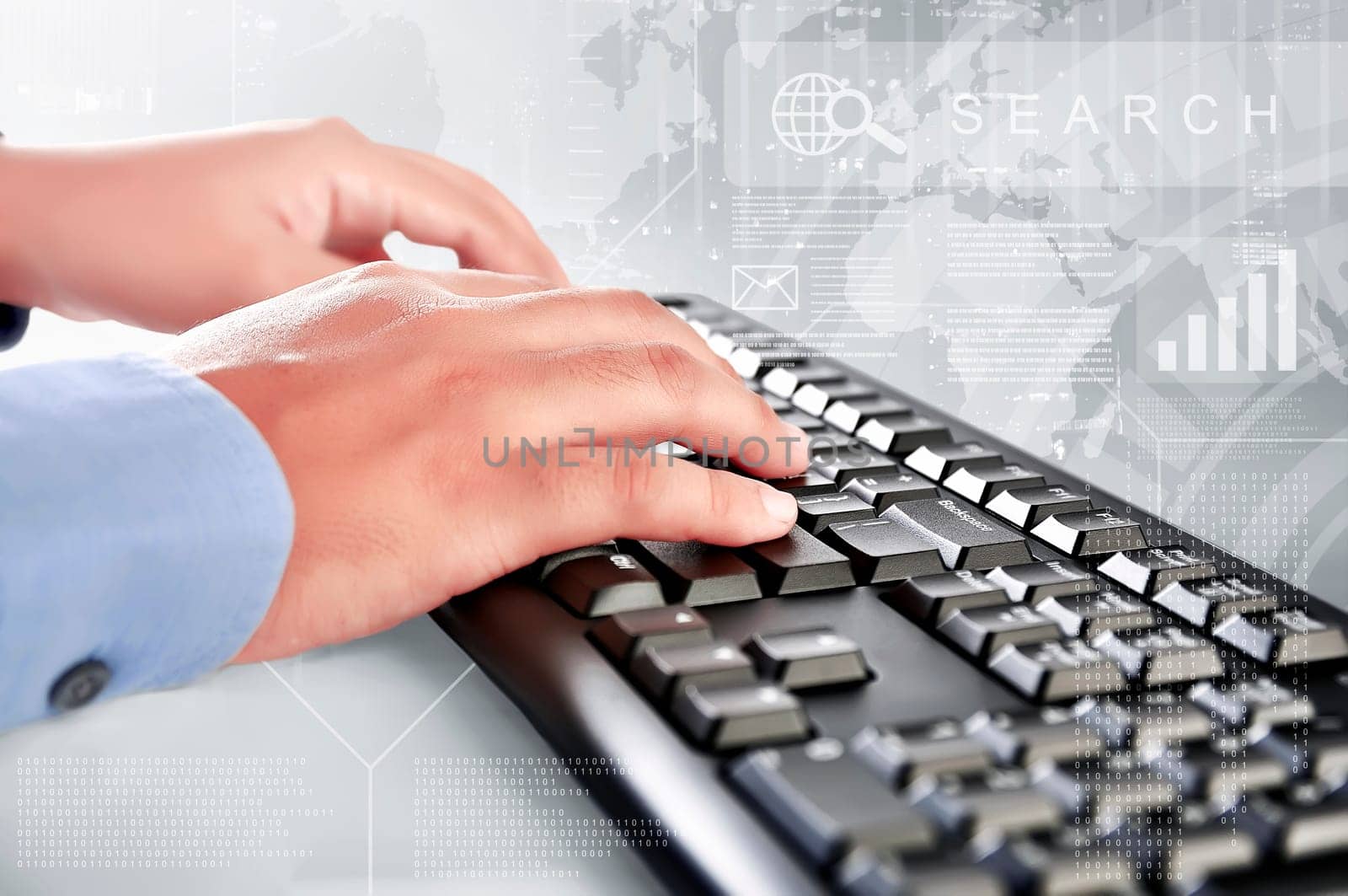 Businessman is typing on keyboard with interface virtual graph on background