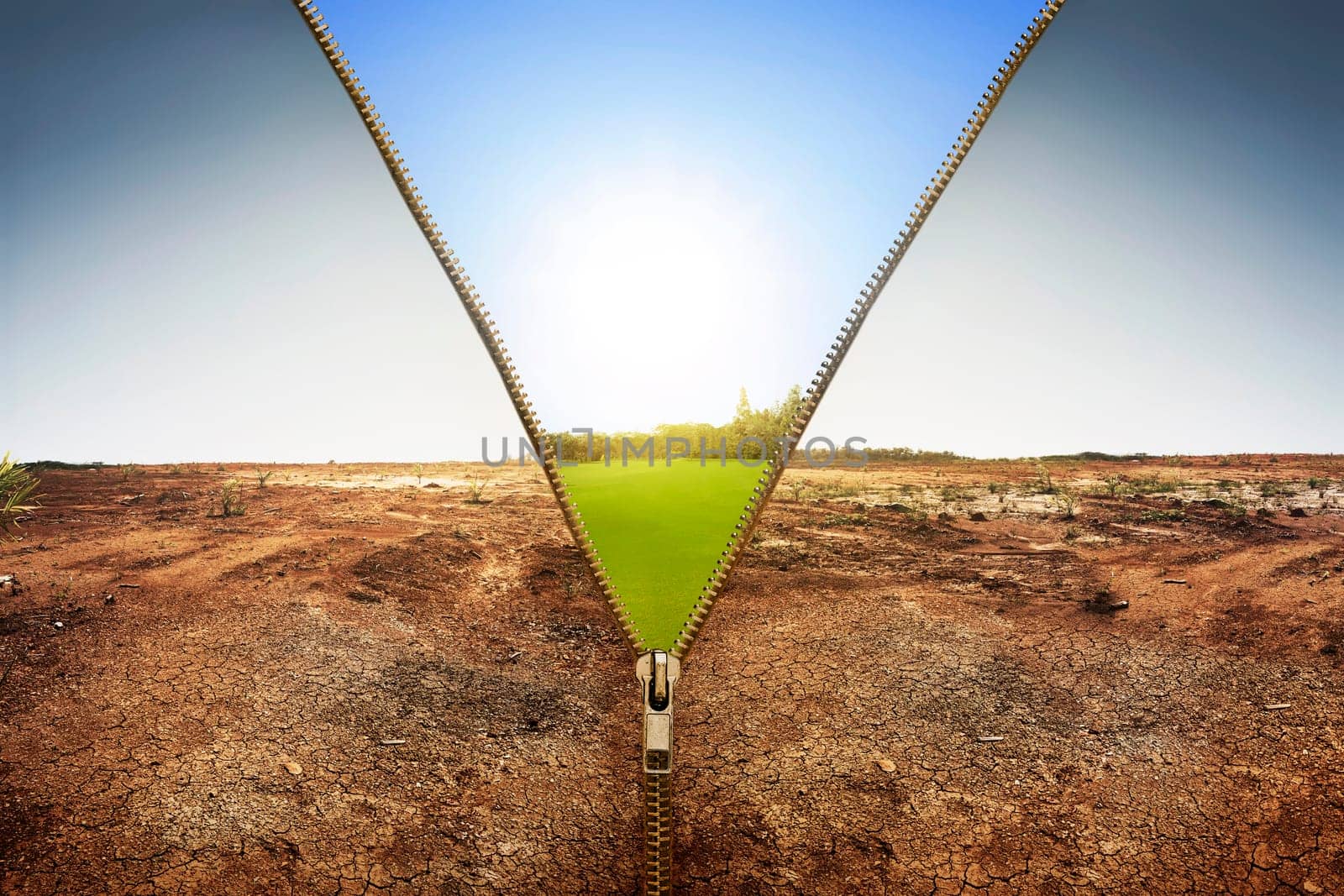 Open zipper showing dry land landscape changing to green land landscape with sunlight background
