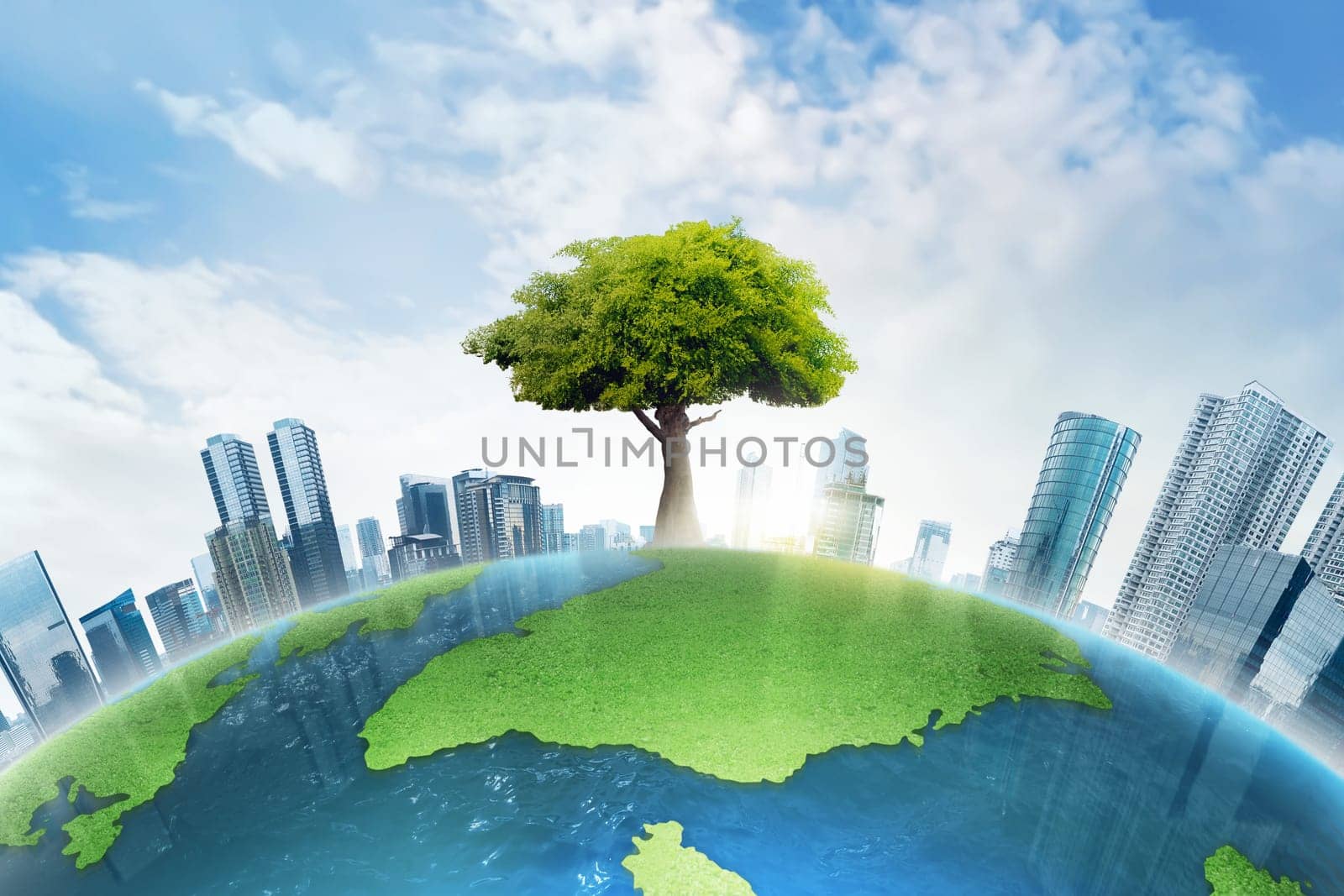 The big tree growing between modern building on top of the earth