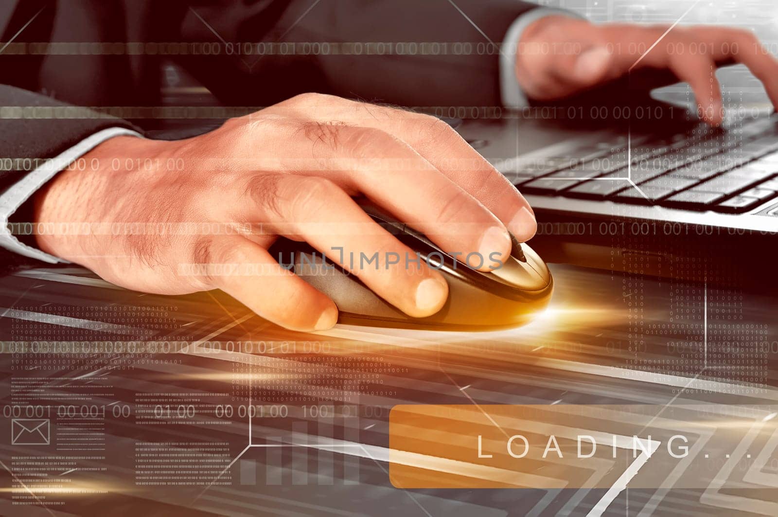 Businessman hands working with wireless mouse and laptop against digital background
