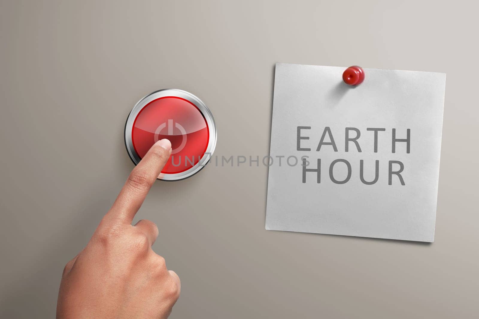 People hand with Earth hour note turning off electrical equipment on the wall