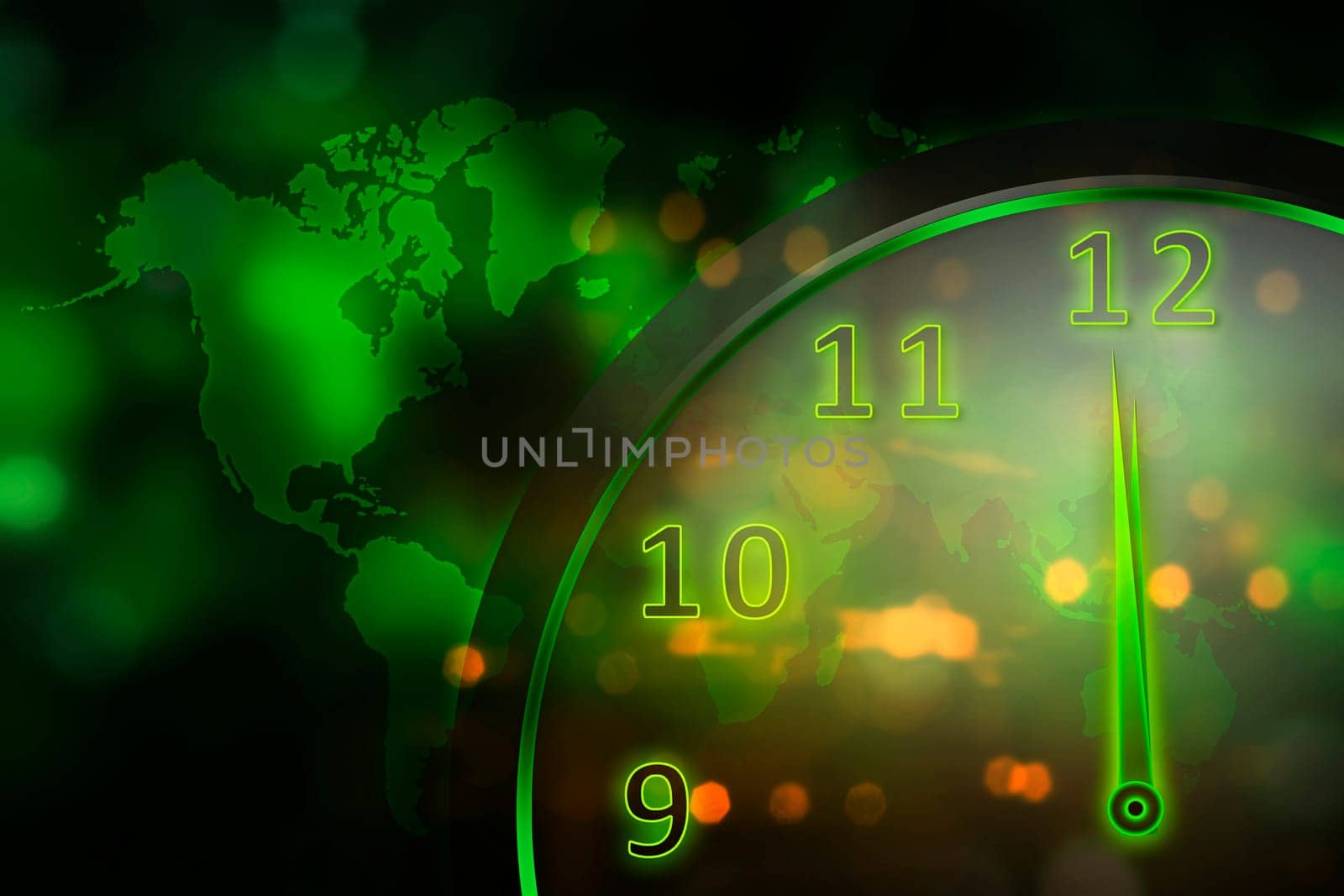 Glowing green clock with world map. Earth Hour Concept.