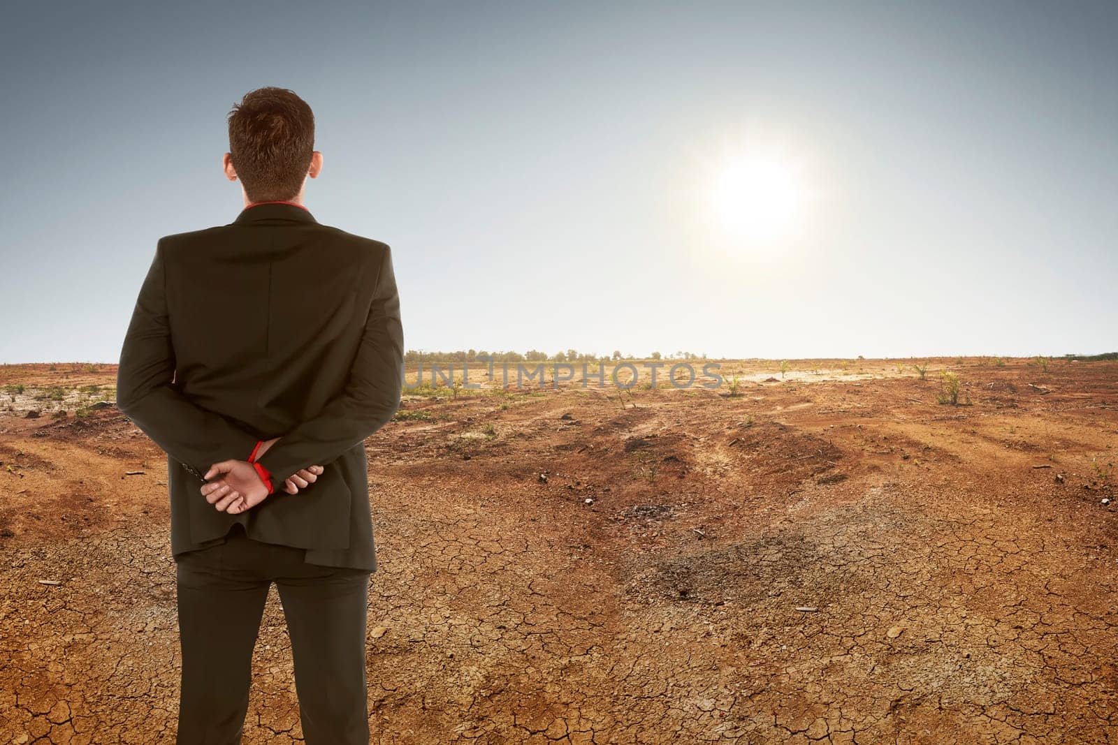 Back view of asian businessman on dry ground and sunset. Climate change concept
