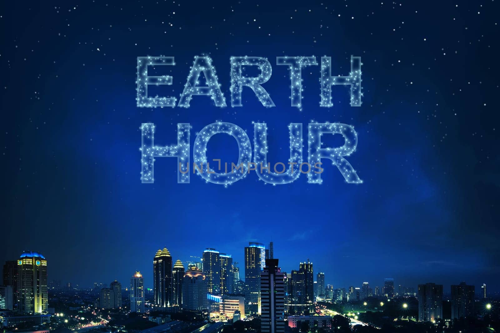 Earth Hour greeting from light the star on skyline above night city background