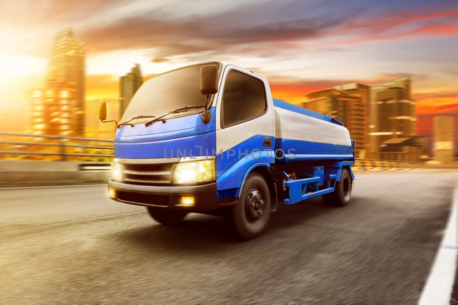 Truck with fuel tank delivering liquid cargoes in the city