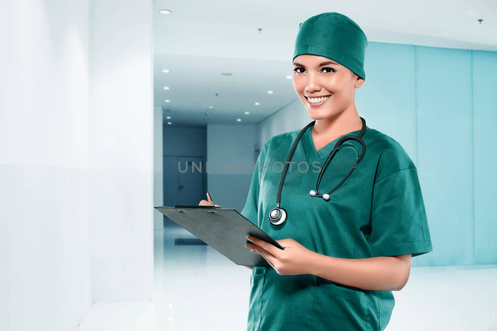 Asian female doctor smiling over hospital background