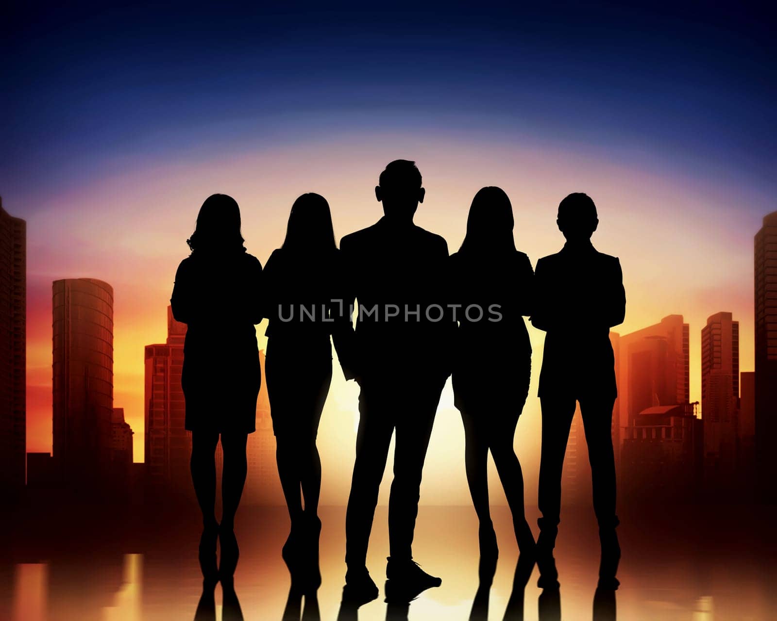 Silhouettes of group business people on a cityscape background