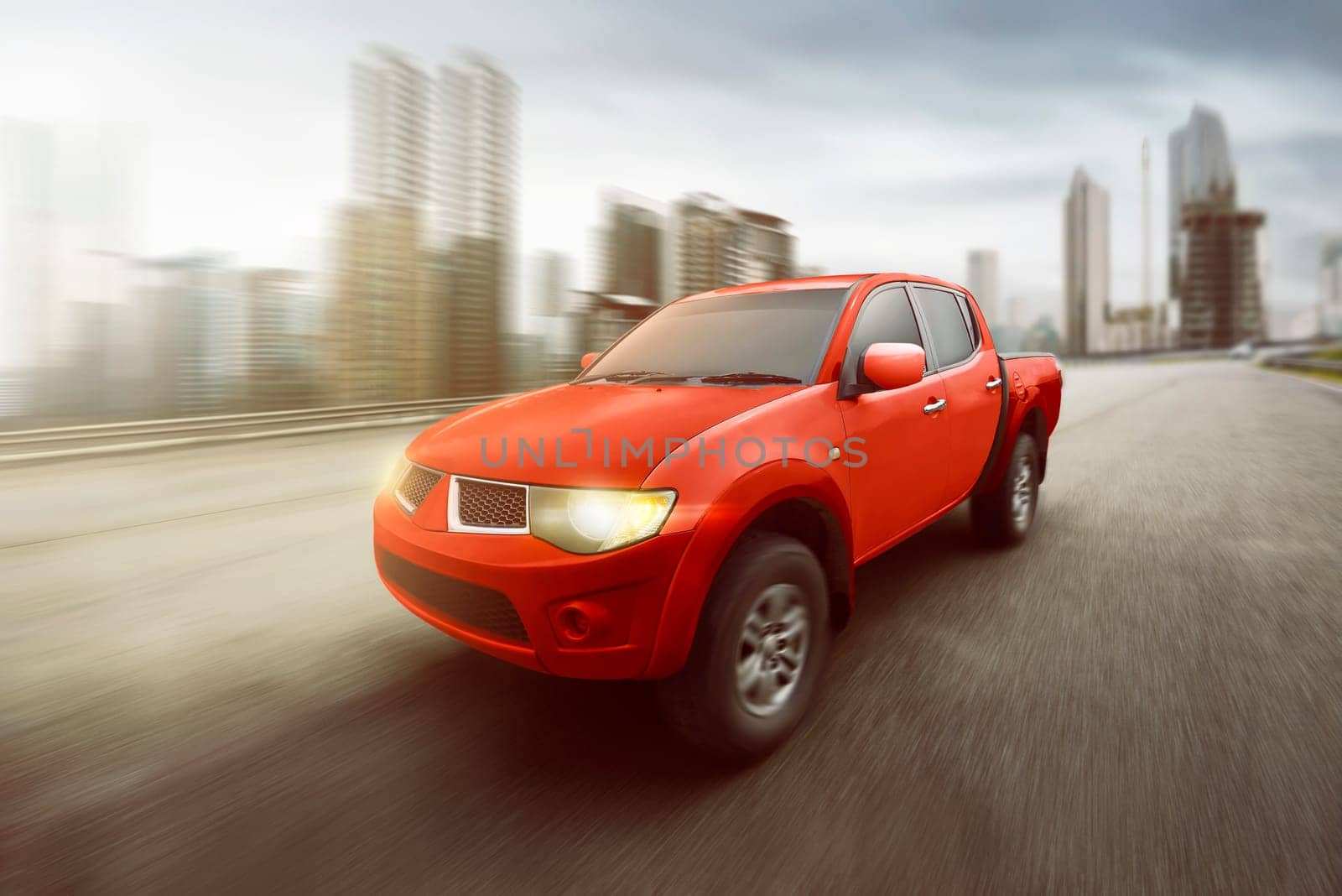Red four door pickup truck with high speed on city street