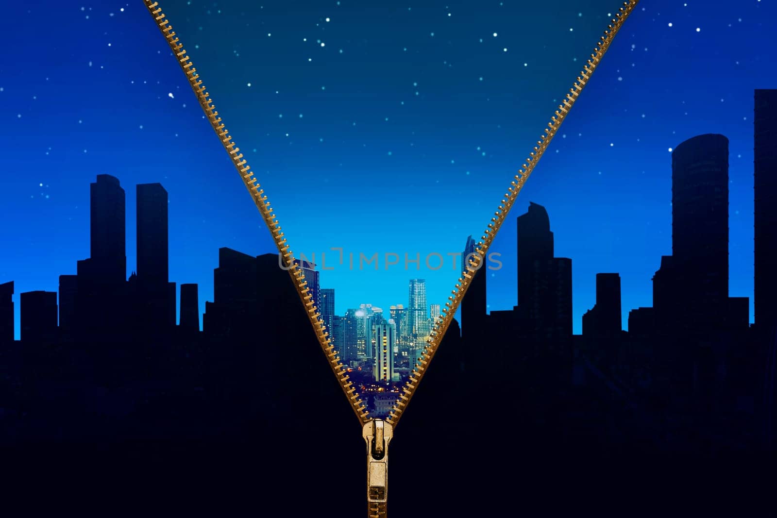 Open zipper showing cityscape at night changing to cityscape without light. Earth Hour Concept.