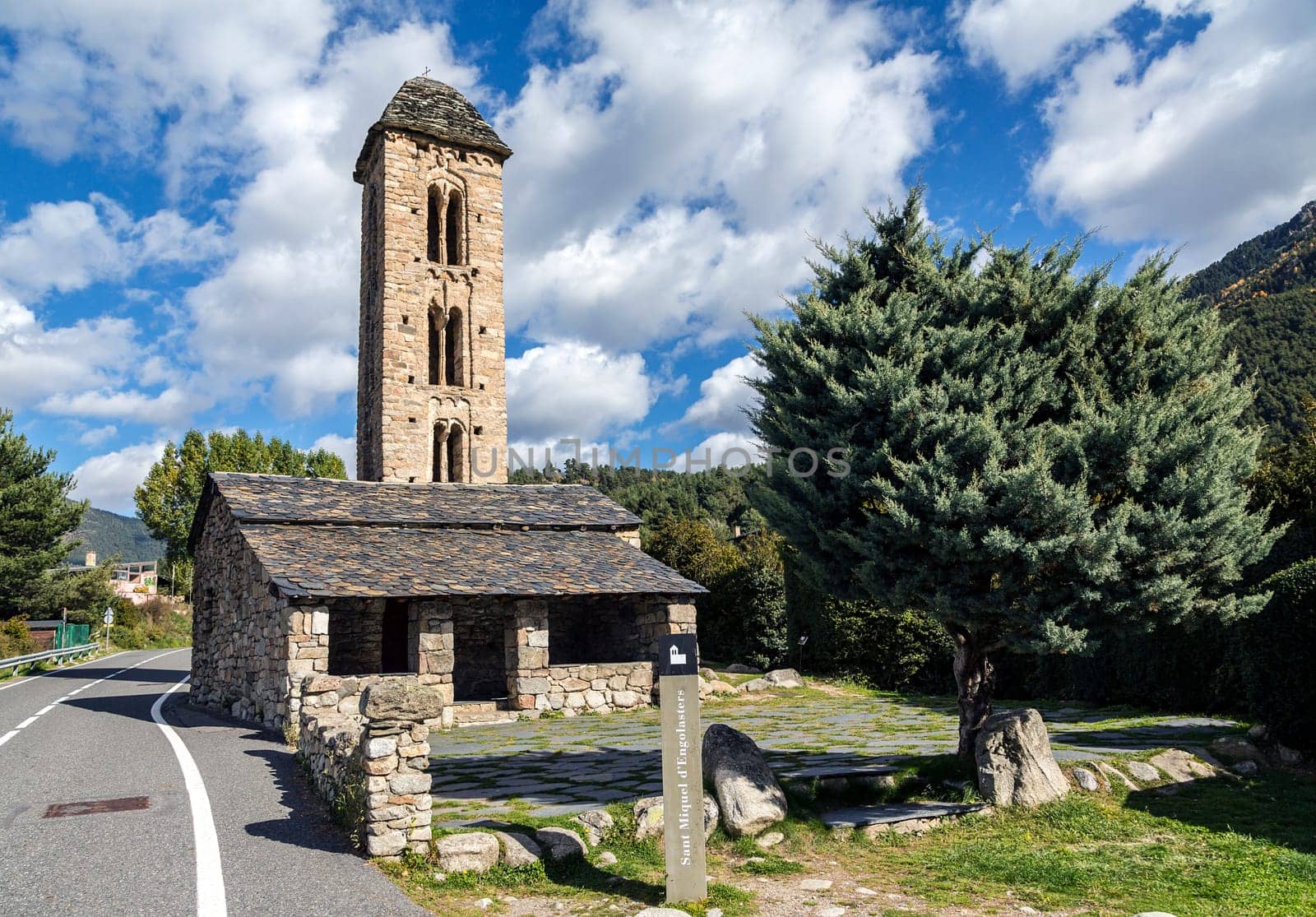 Romanesque church Sant Miquel d´Engolasters whose main architectural feature is the bell tower, with stories having mullioned windows and Lombard archs. Andorra, UNESCO World Heritage Site