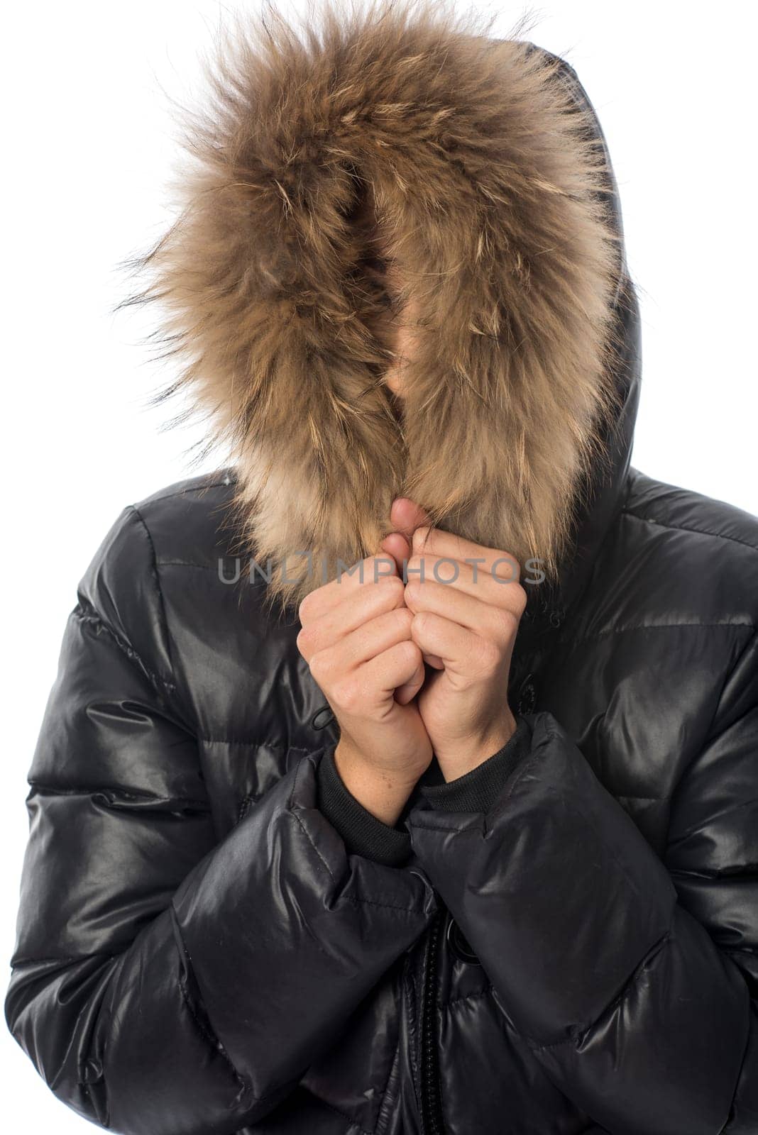 a woman is ashamed because she wears an animal skin hood