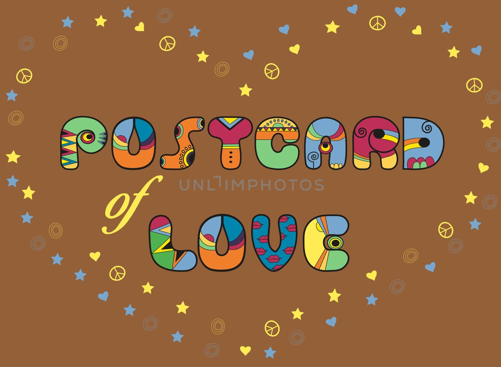 Inscription Postcard of Love. Artistic font. Colored Letters. Heart by symbols of stars, hearts and pacifics. Illustration.