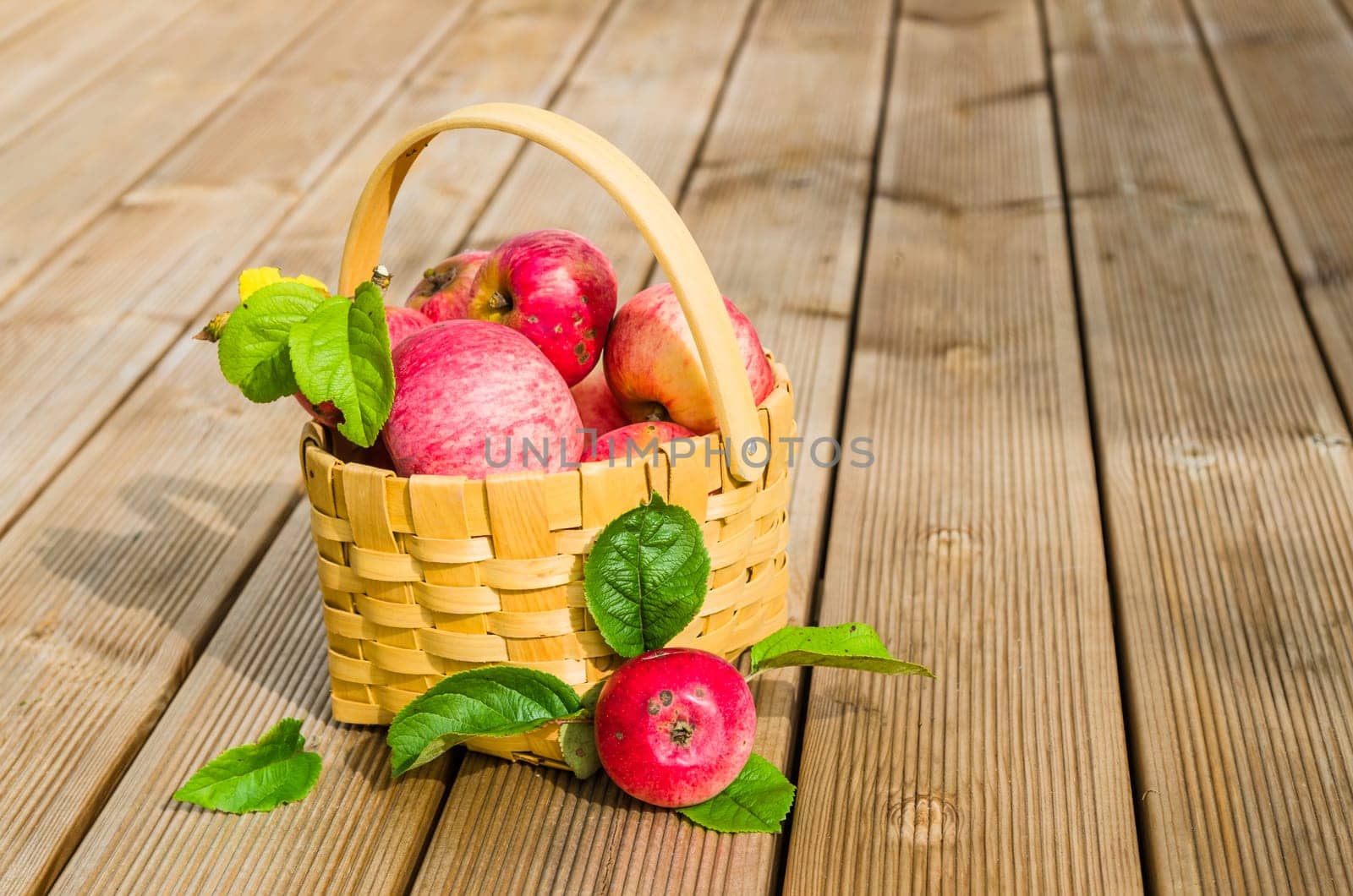 Basket with ripe red apples, close-up