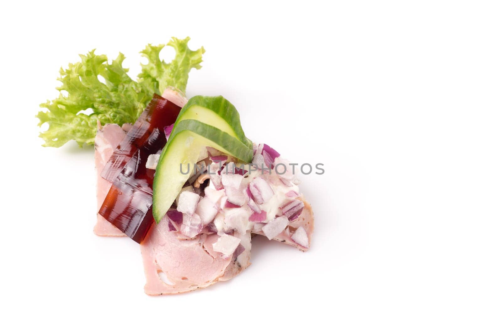 Danish specialties and national dishes, high-quality open sandwich. Sandwich with pork roll sausage, rullepoelse, , jelly and raw red onions, isolated on white background