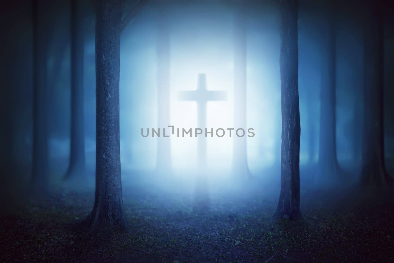 Silhouette of christian cross with moonlight on the forest