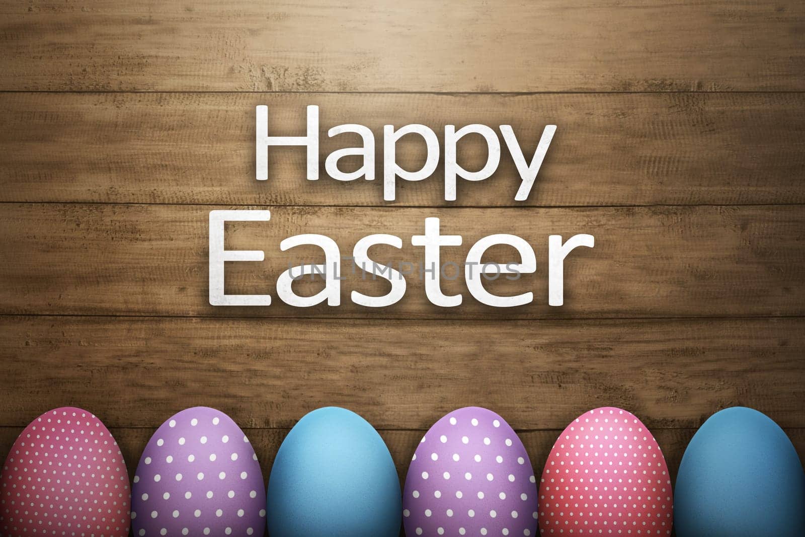 Row of easter egg with Happy Easter greeting against wooden plank background